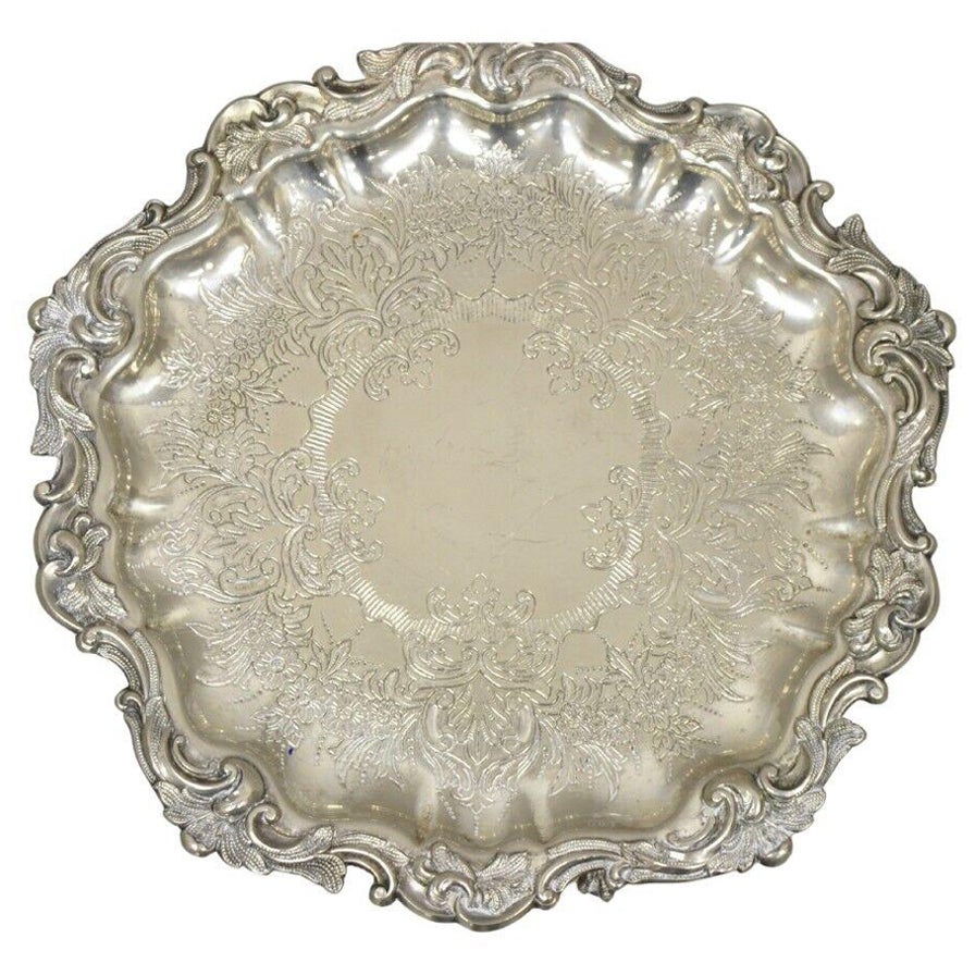 Victorian Silver Plated Small Scalloped Round Serving Platter Tray on Feet For Sale