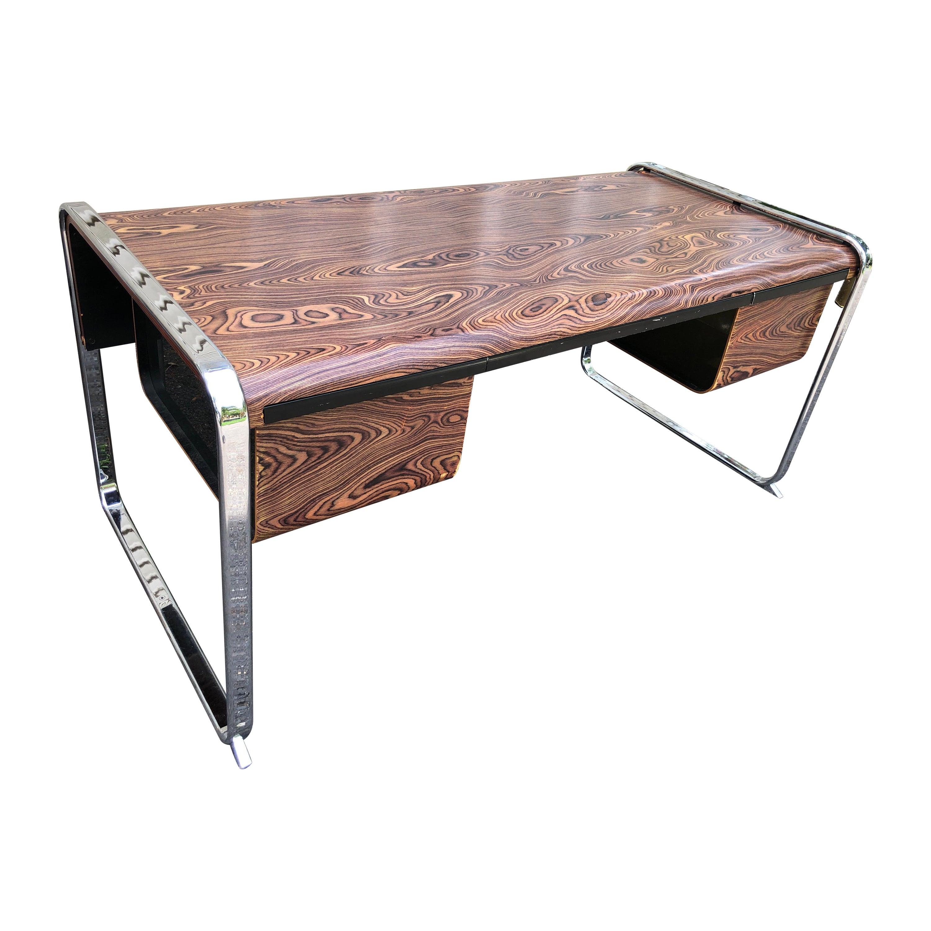 Magnificent Peter Protzman Zebra Wood Chrome Desk Mid Century Modern  For Sale