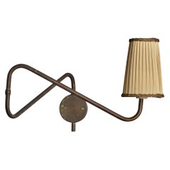 Danish Designer, Adjustable Wall Light, Brass, Fabric, Denmark, 1940s