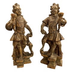 Antique Pair of 18th Century Continental Figural Carved Polychrome & Gilt Candle Holders