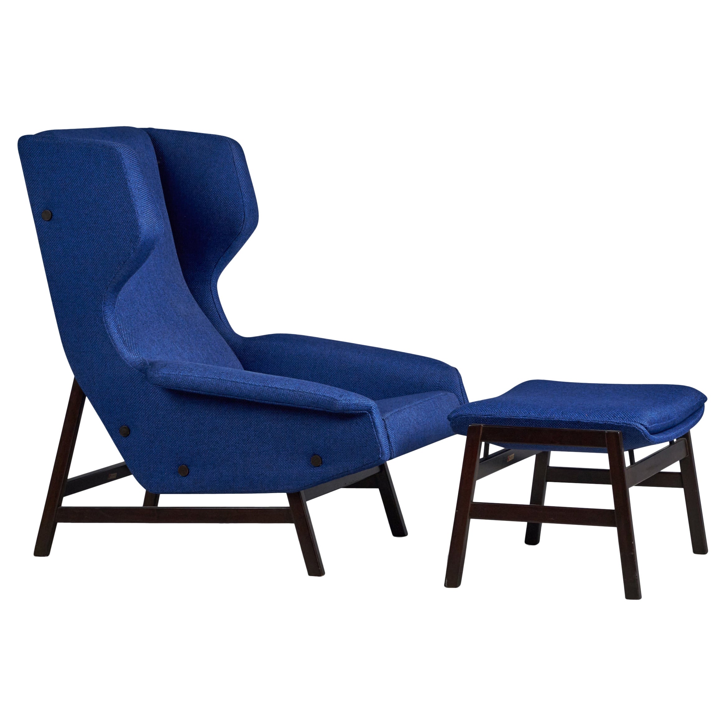Gianfranco Frattini, Lounge Chair & Ottoman, Fabric, Wood, Italy, 1950s For Sale