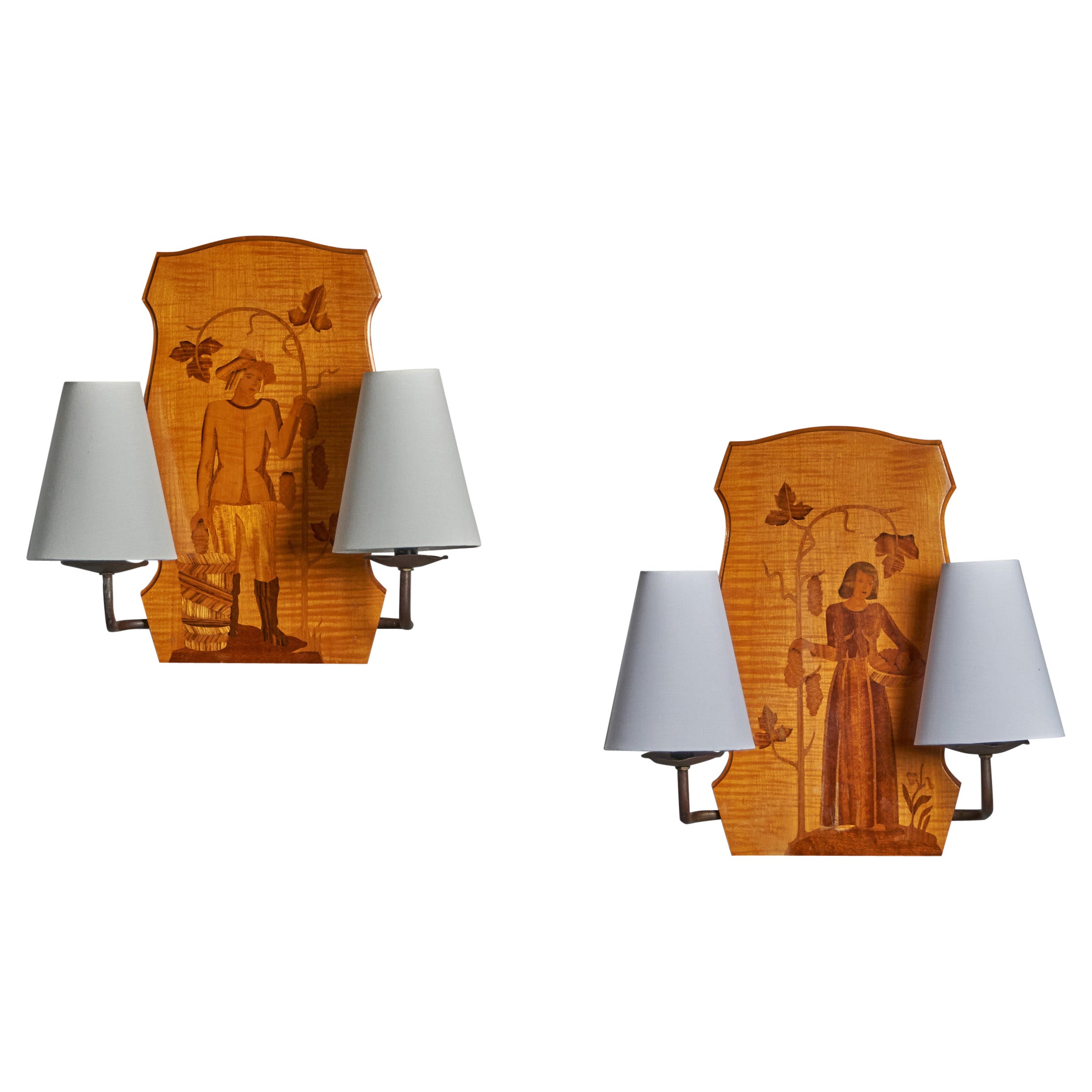 Mjölby Intarsia, Wall Lights, Marquetry Wood, Fabric, Brass Sweden, 1930s For Sale