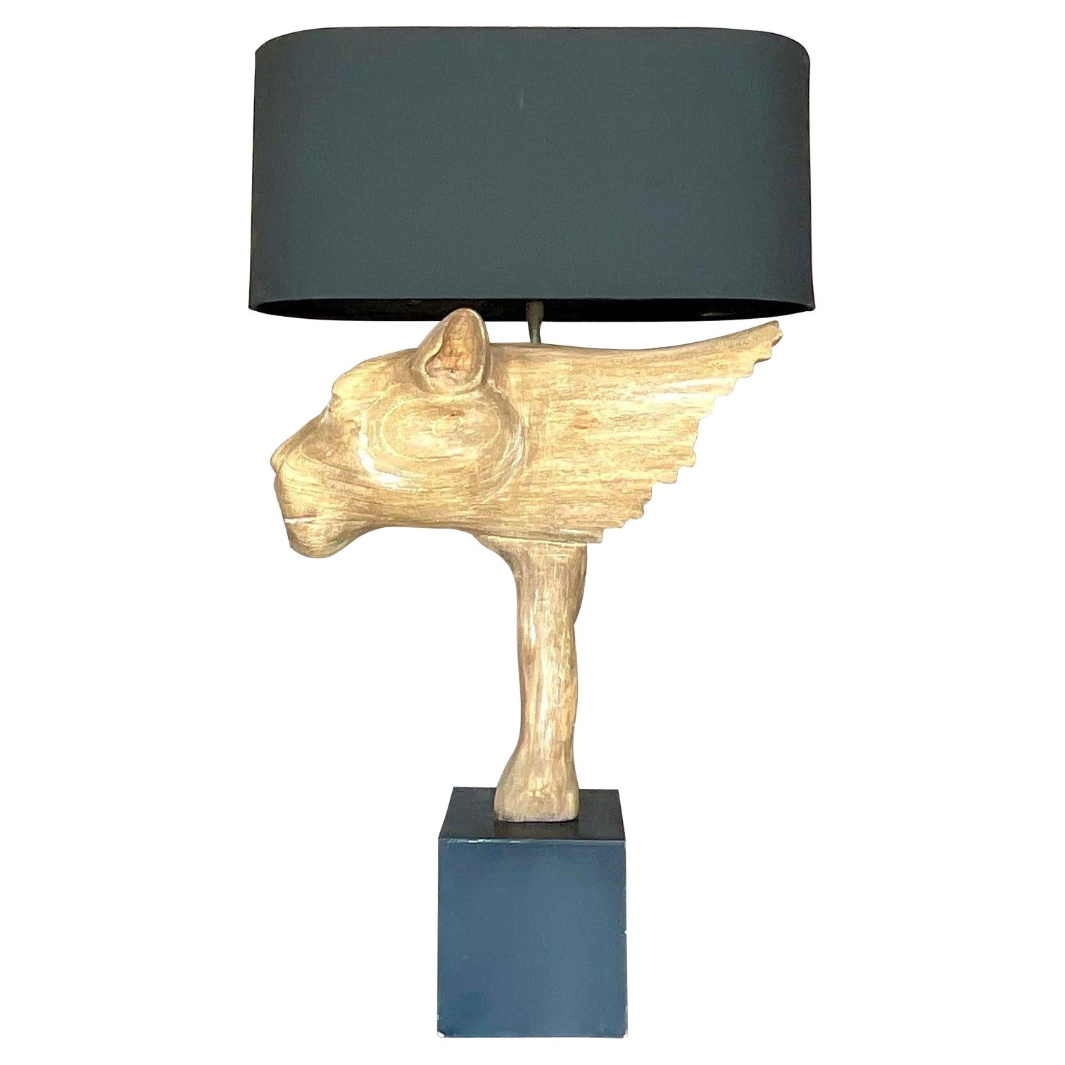 Vintage Boho Cerused Wood Winged Lion’s Head Lamp For Sale