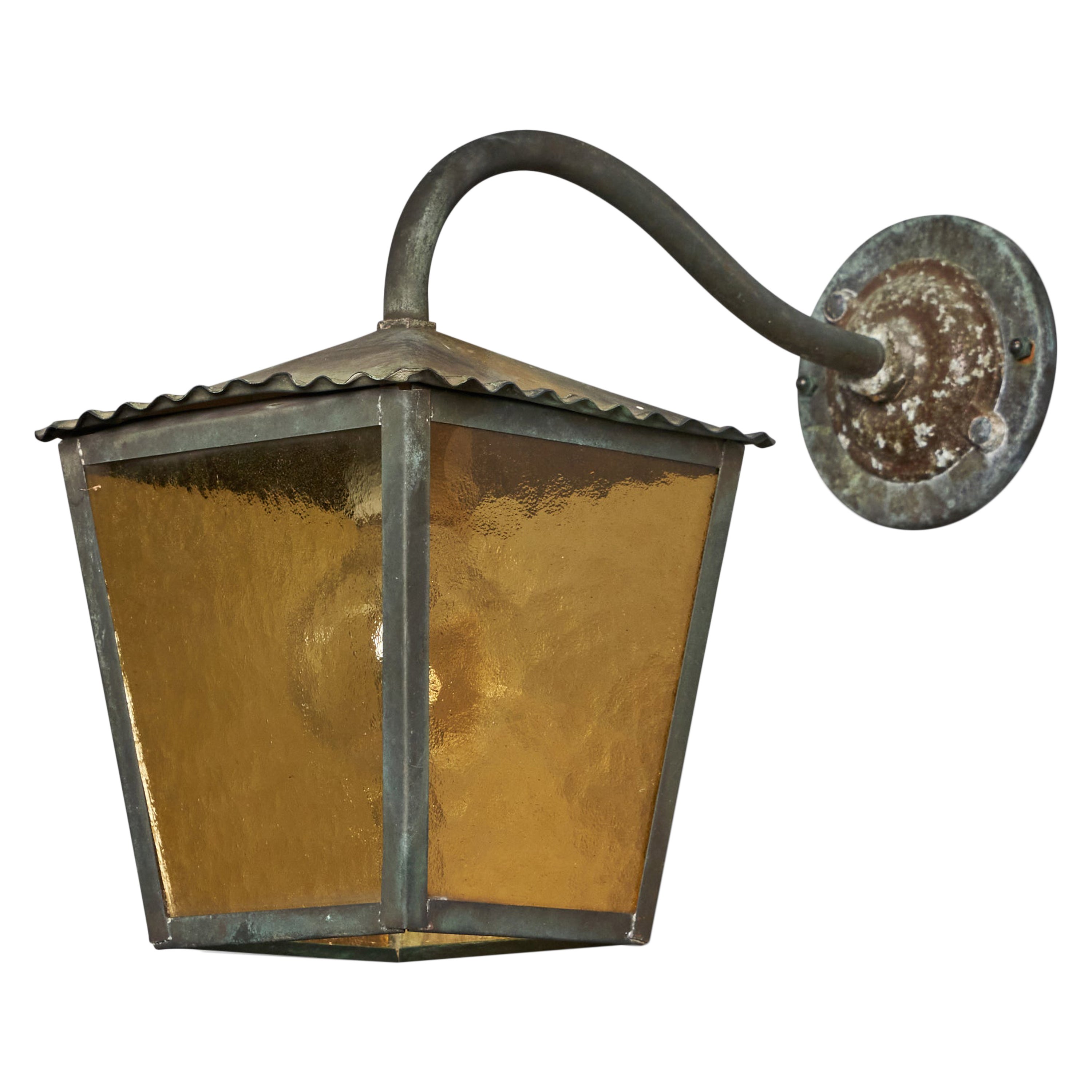 Swedish Designer, Wall Light, Copper, Glass, Sweden, 1940s For Sale