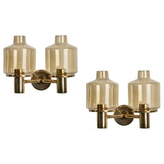 Retro Hans-Agne Jakobsson, Wall Lights, Brass, Glass, Sweden, 1970s