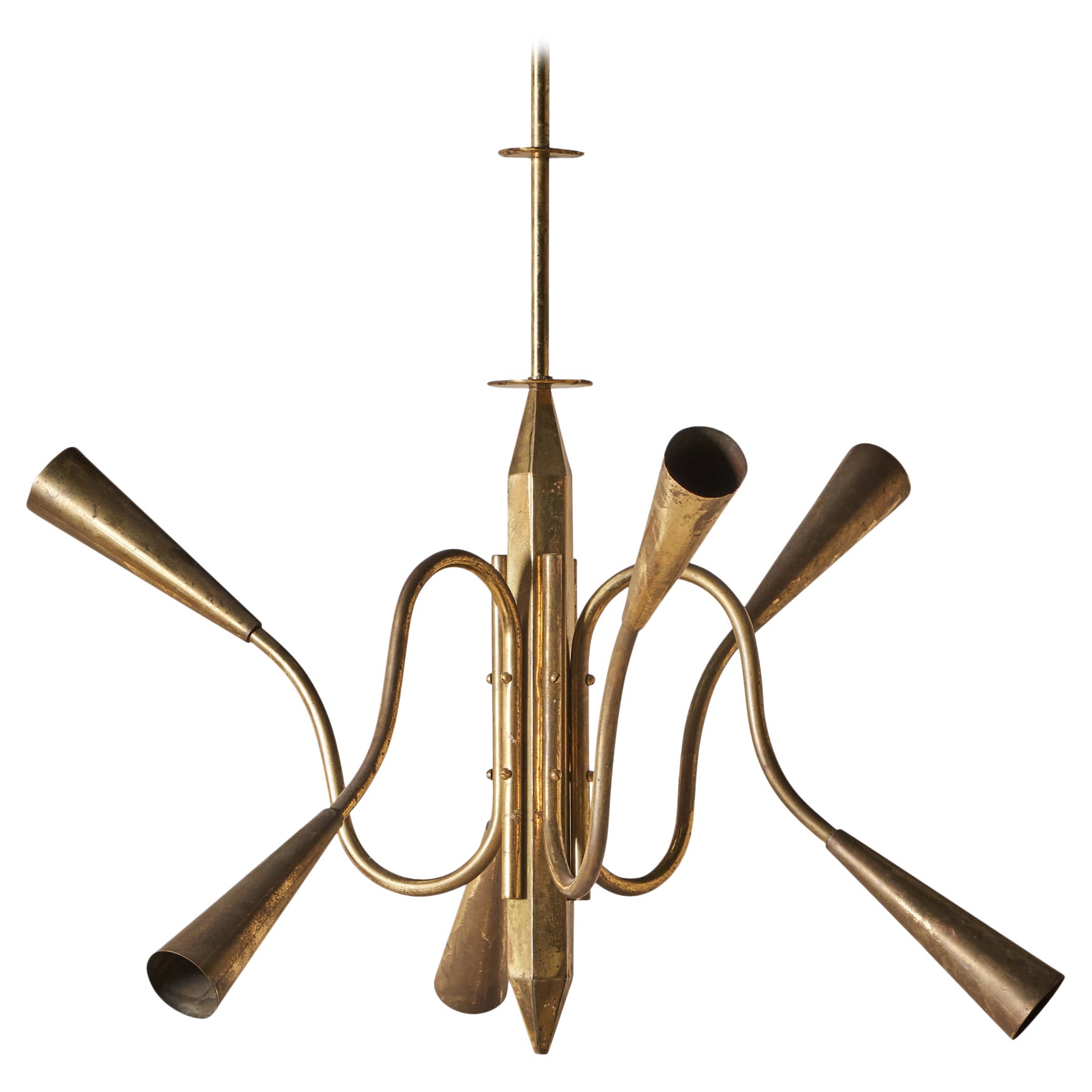 Italian Designer, Chandelier, Brass, Italy, 1940s For Sale