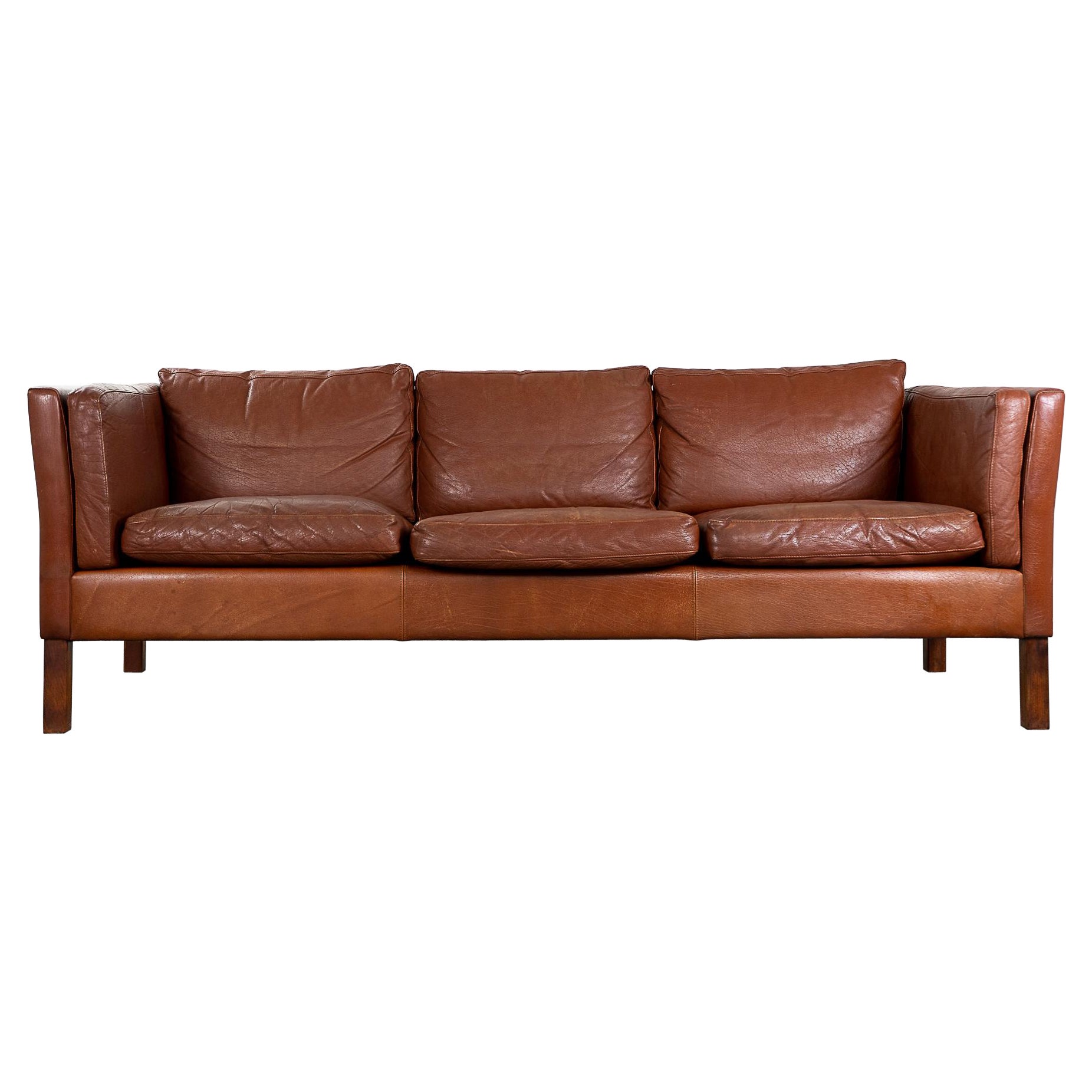 Danish Modern Brown Leather Three Seat Sofa For Sale