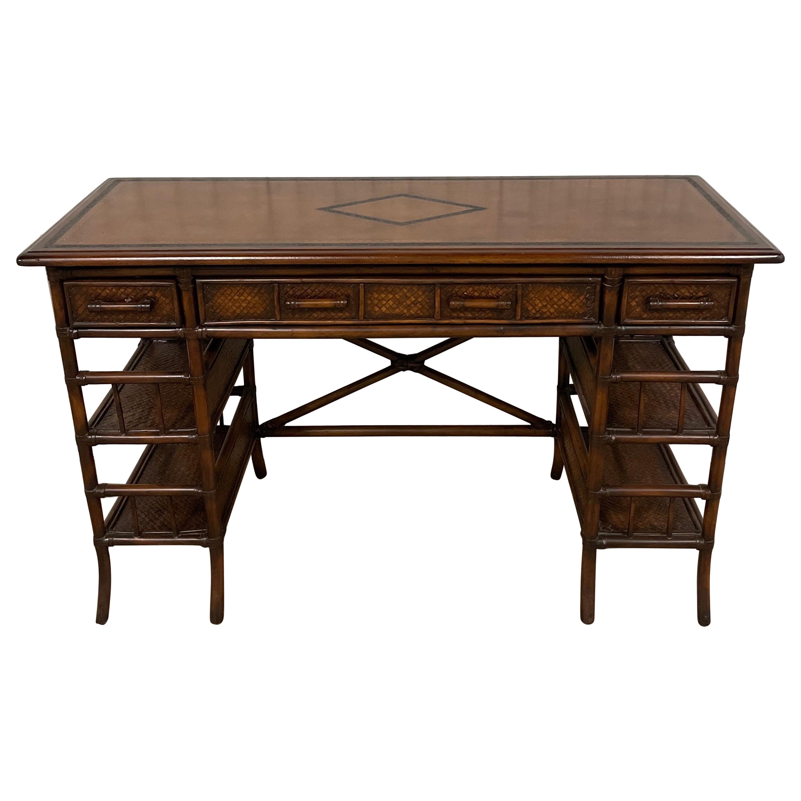 Vintage Bamboo & Leather Top Desk
