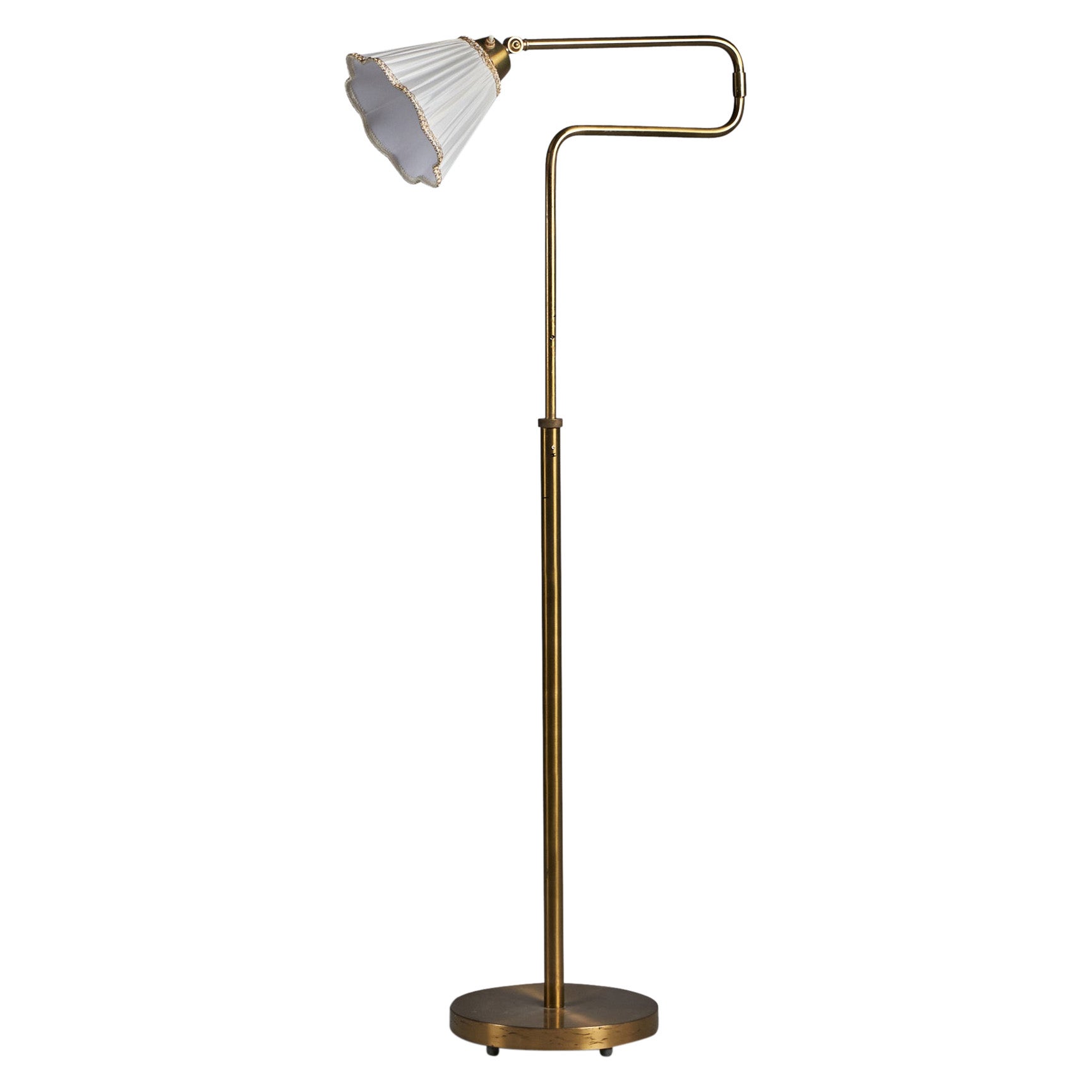 Nordiska Kompaniet, Adjustable Floor Lamp, Brass, Fabric, Sweden, 1940s For Sale