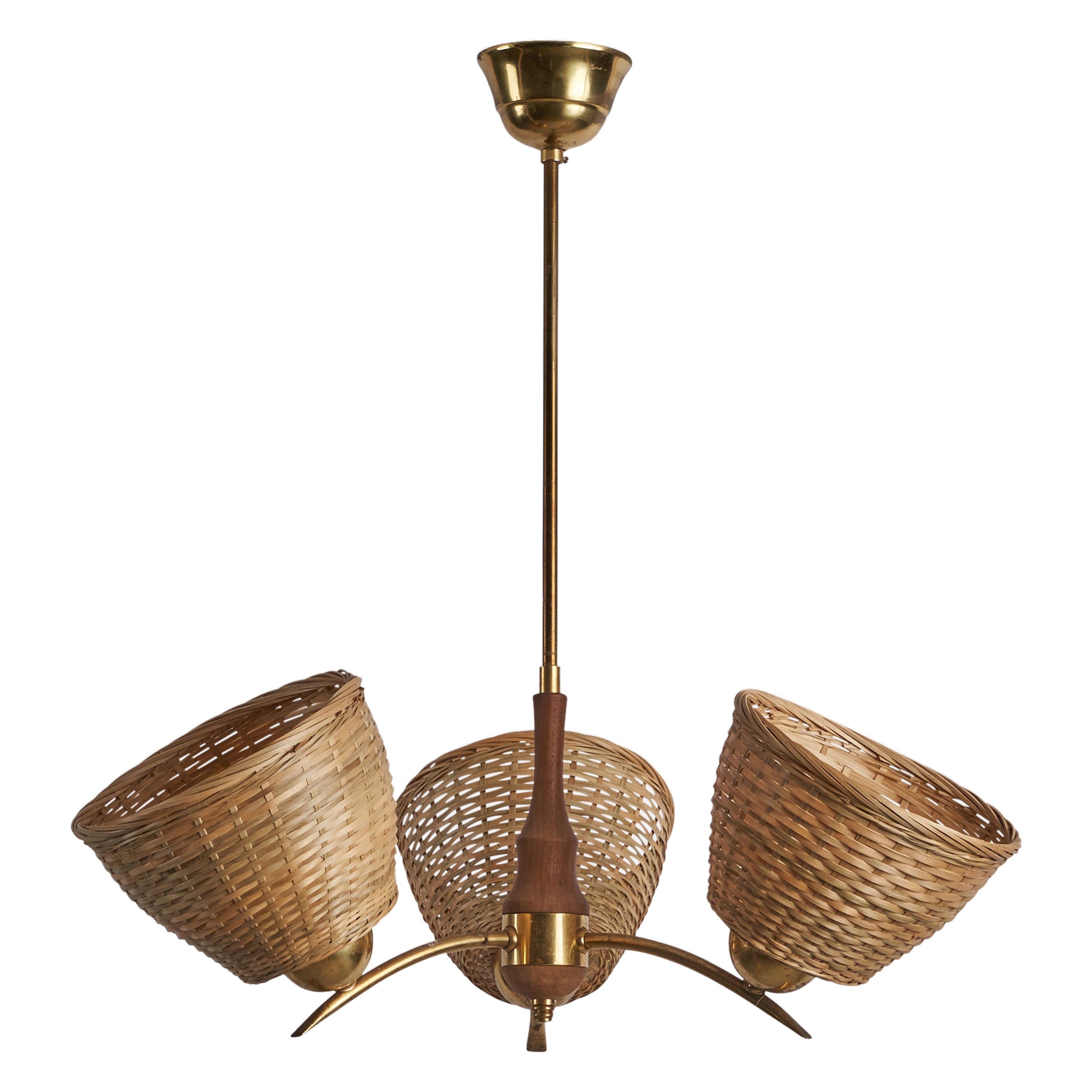 Swedish Designer, Chandelier, Brass, teak, Rattan, Sweden, 1950s For Sale