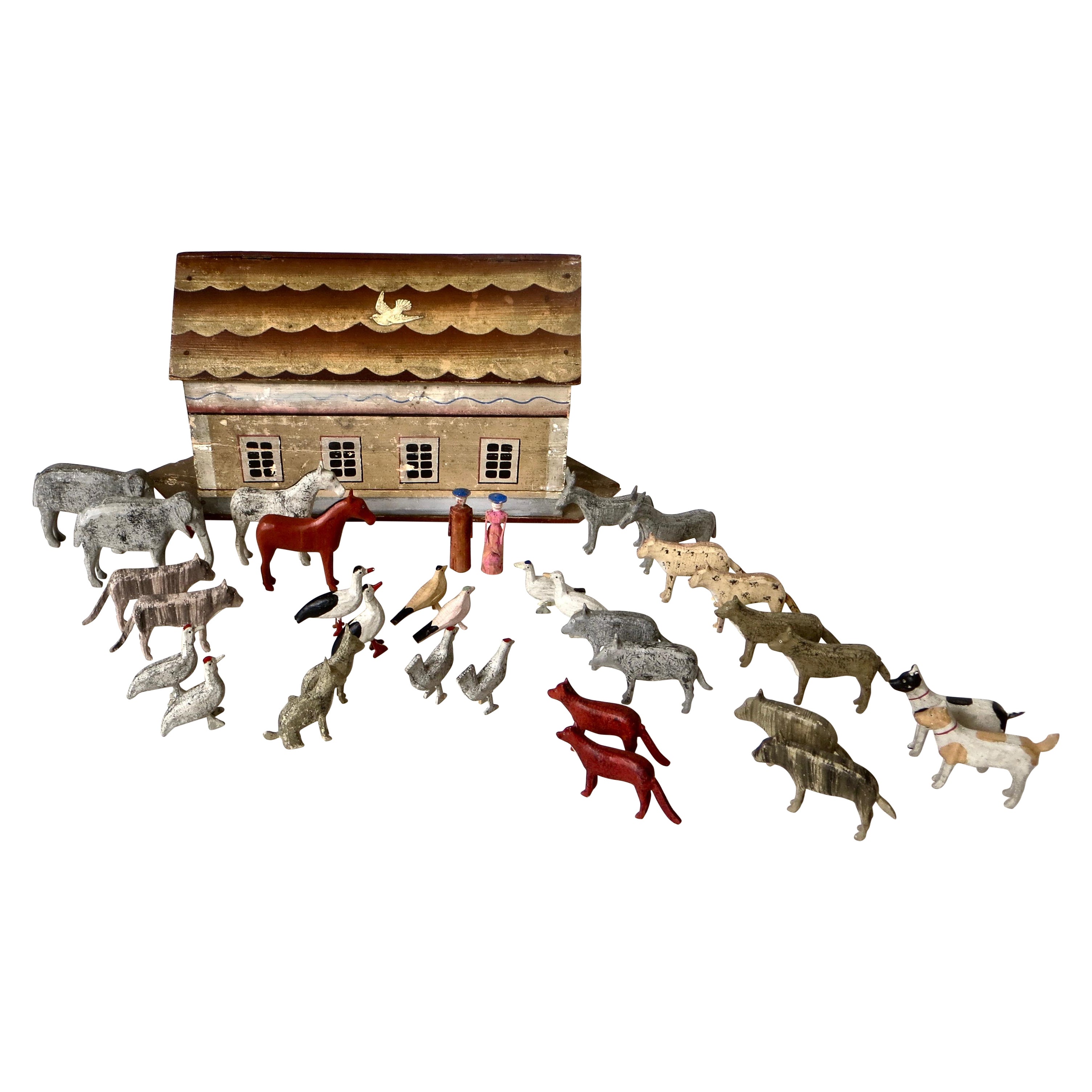 Late 19th Century Flat Bottom Toy Noah's Ark with 34 Figures. German Circa 1880