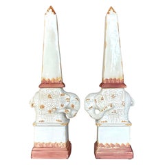 Vintage Boho Glazed Terra Cotta Elephant Obelisks - a Pair