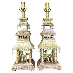 Vintage Regency Hand Painted Pagoda Lamps - a Pair