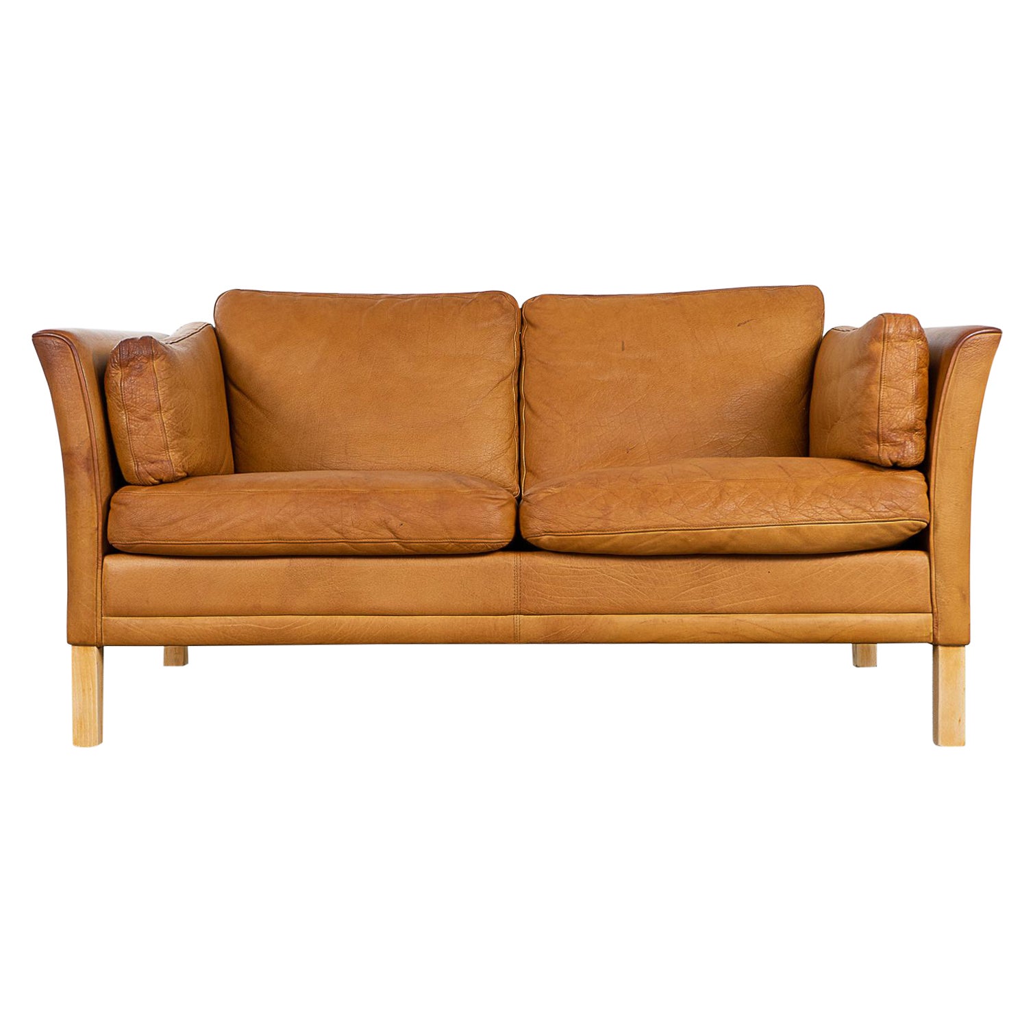 Danish Modern Tan Leather Loveseat 