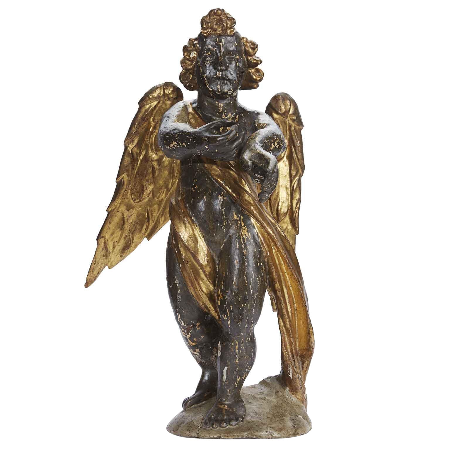 17th Century Baroque Italian Winged Putto Giltwood Silvered Angel Figure  For Sale