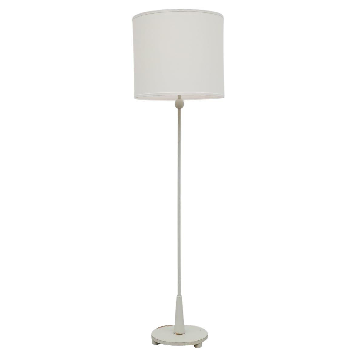 Art Deco White Painted Wood Floor Lamp with Carved Details and Newer Linen Shade