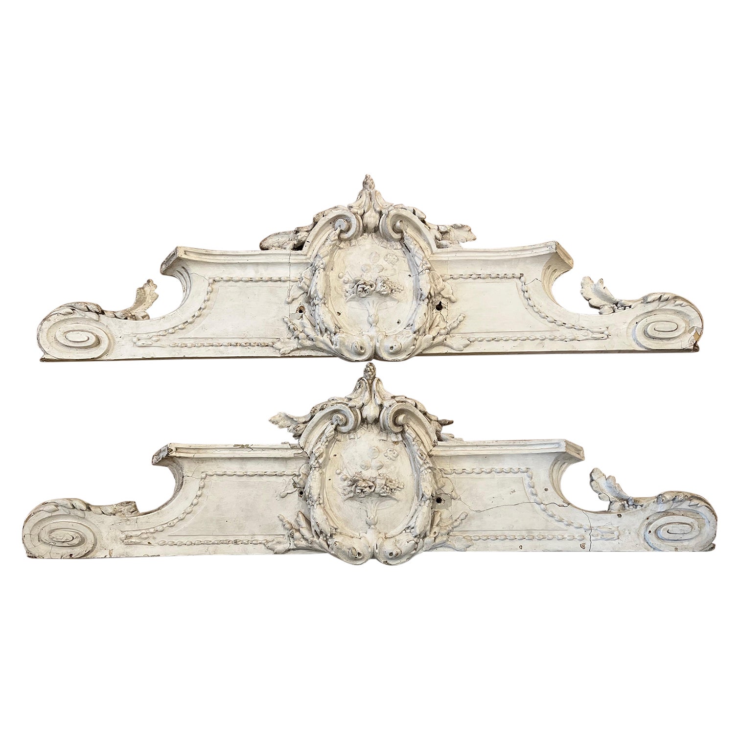 Pair of Antique French Carved Architectural Wood Pediment Fragments/Remnants  For Sale