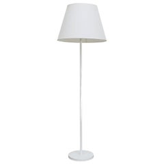Retro Mid-Century Floor Lamp with White Enameled Metal Base & New White Linen Shade