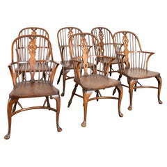 Set of 6 Elm Windsor Arm Chairs, England circa 1960