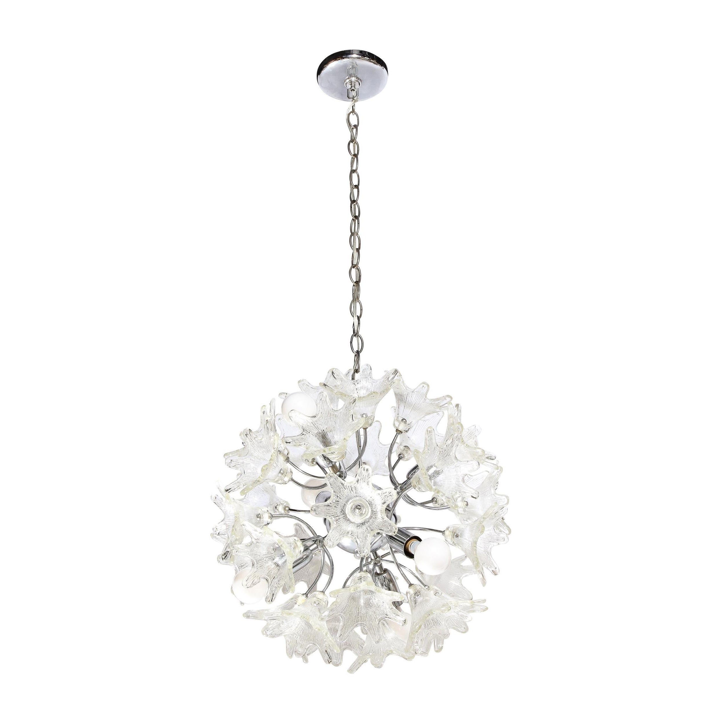 Modernist Hand-Blown Murano Translucent Glass & Chrome Floral Sputnik Chandelier For Sale