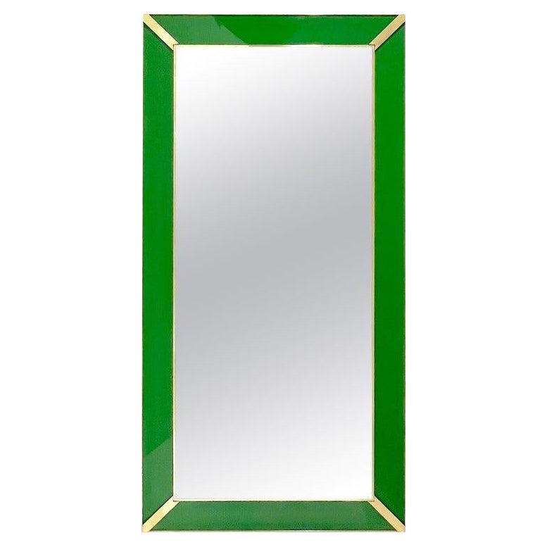 Contemporary Italian Minimalist Design Green Glass Mirror with Brass Accents