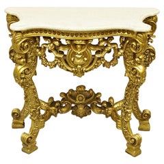 French Rococo Baroque Style Gold Travertine Marble Top Console Hall Table