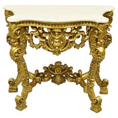 Table d'entrée de style baroque français rococo avec plateau en marbre travertin doré