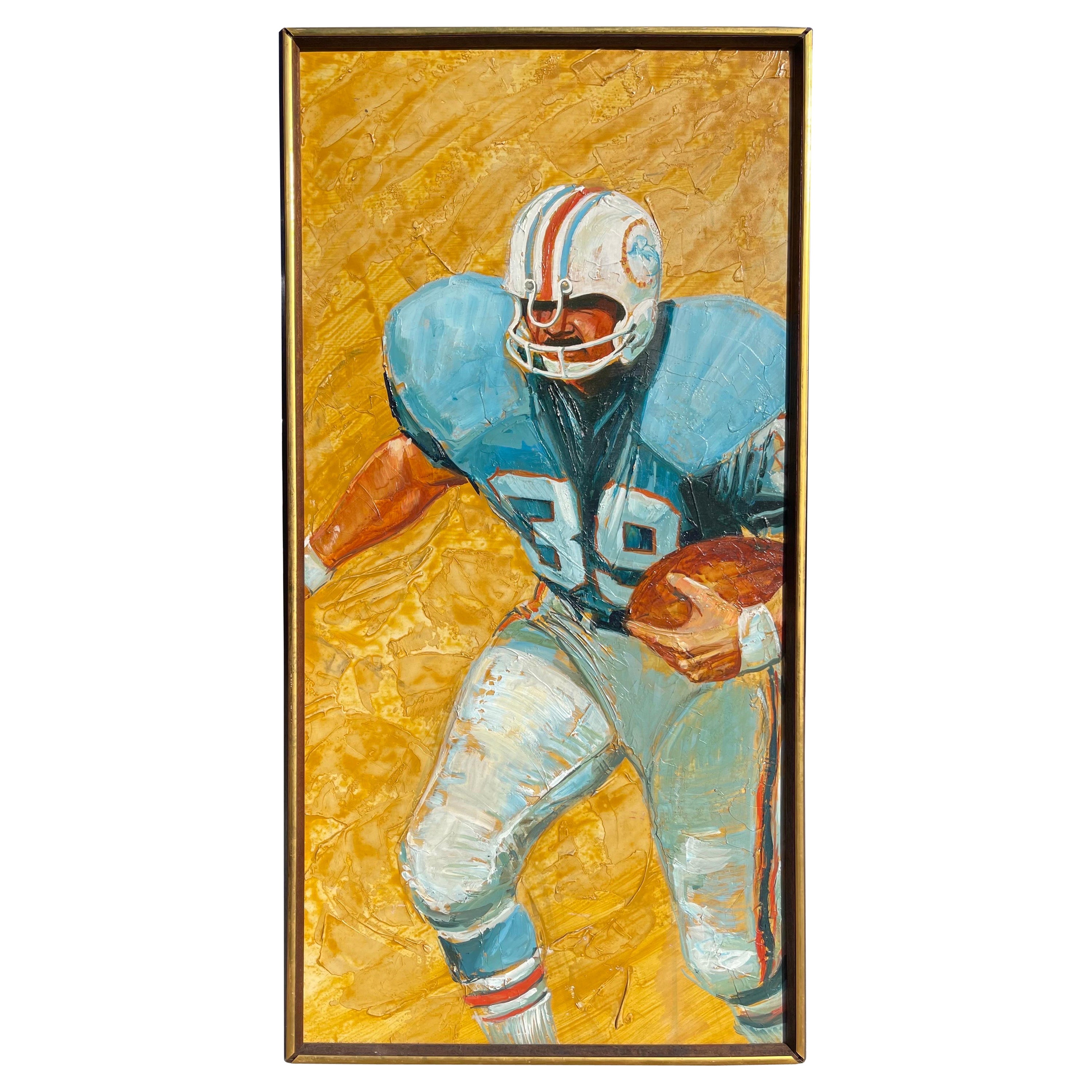 Action Portrait Larry Csonka 1972 Undefeated Miami Dolphins, Oil on Board For Sale