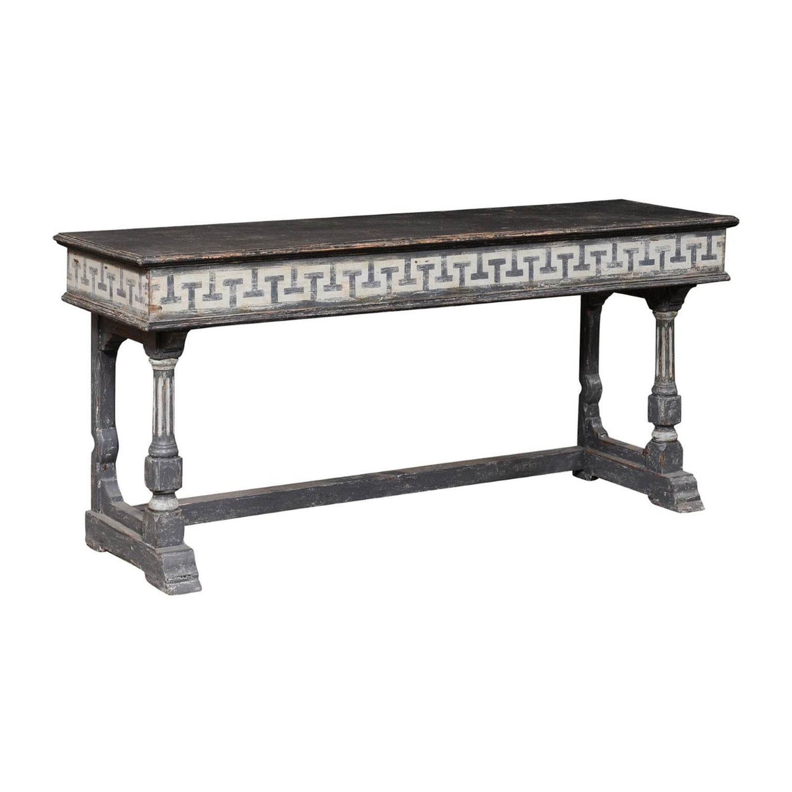 French 5.75 Ft. Long Wooden Console Table w/Painted Greek Key Accents For Sale