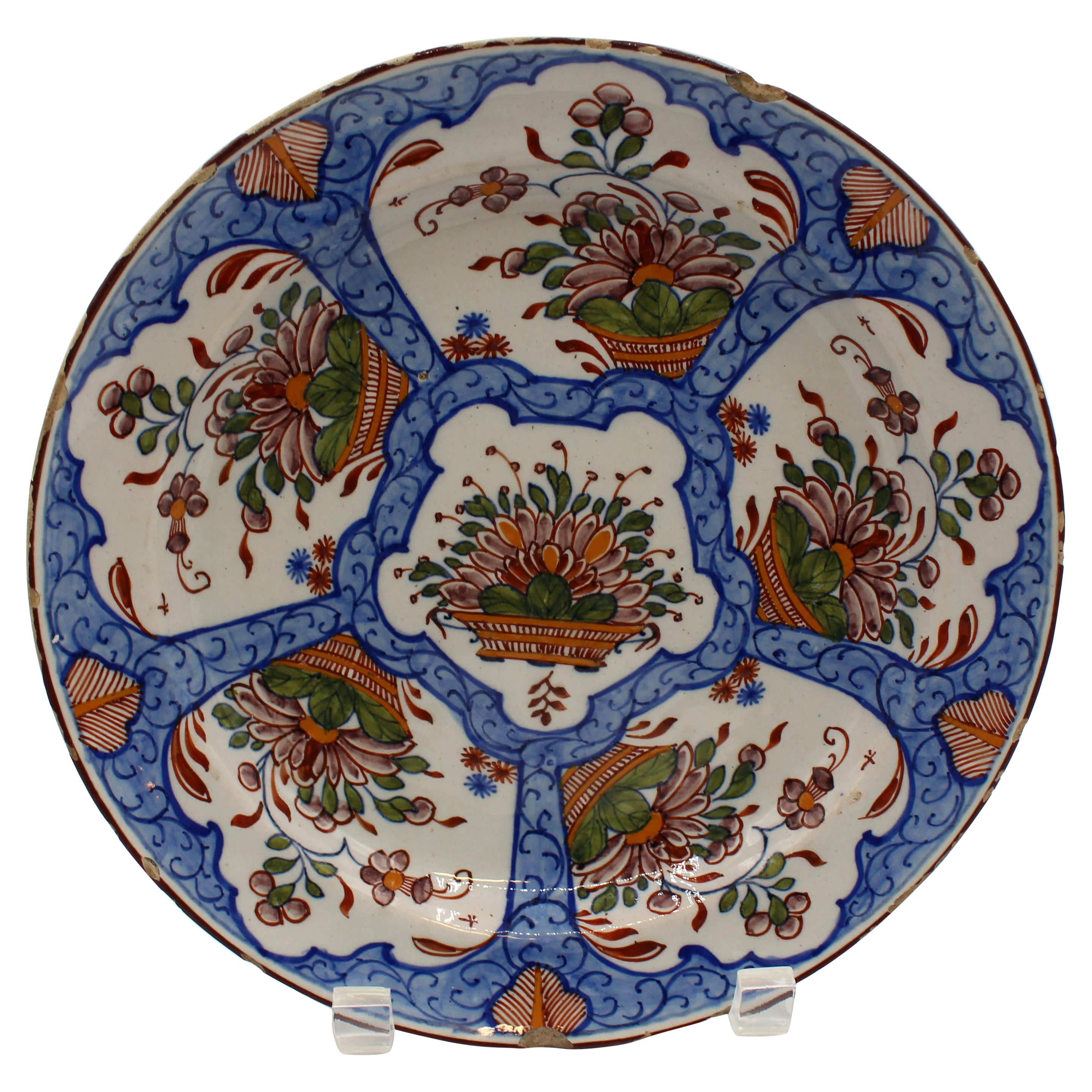 Circa 1770 Delft Polychrome Low Bowl or Plate For Sale