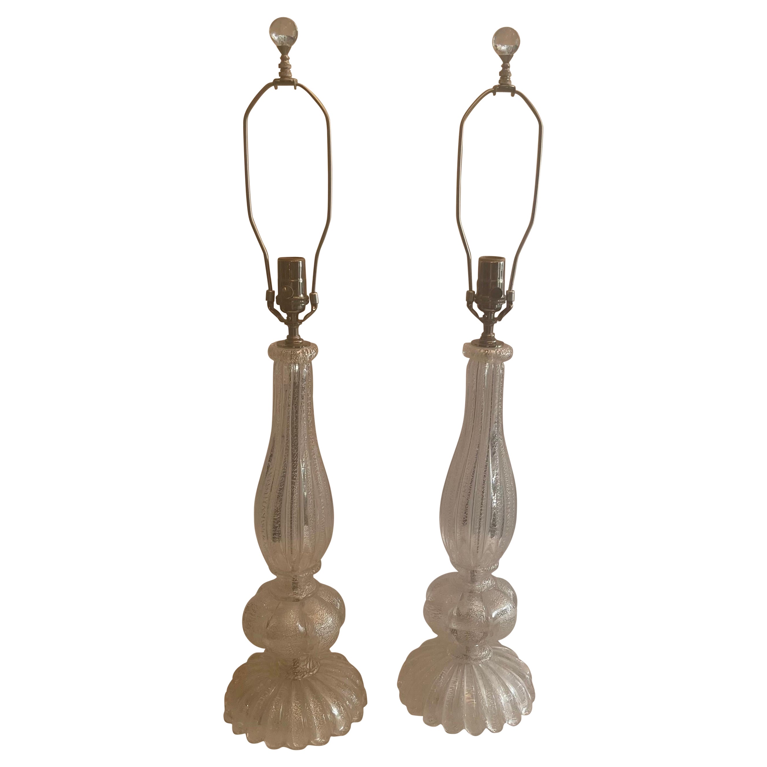 Mid-Century Modern Pair Italian Murano Seguso Venetian Clear Fluted Glass Lamps For Sale