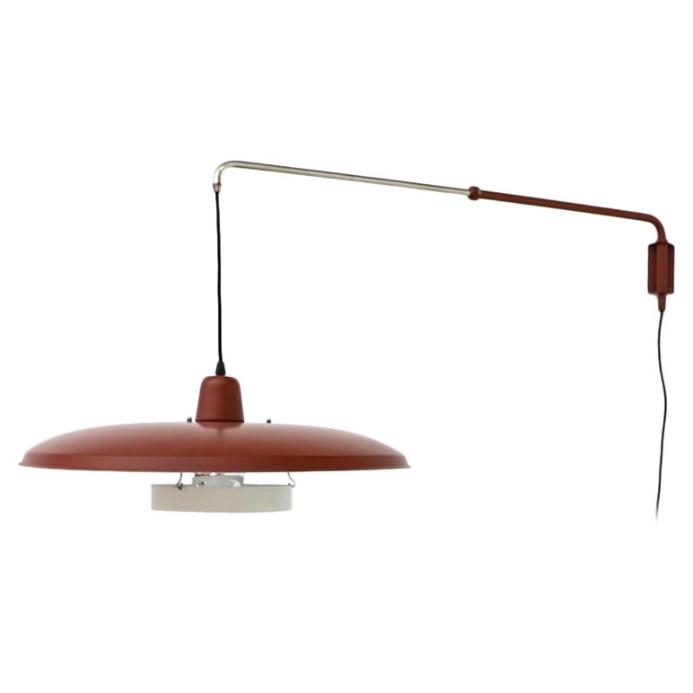 Mid-Century 'Panama' Style Red Enameled Wall Lamp w/ Adjustable Articulating Arm