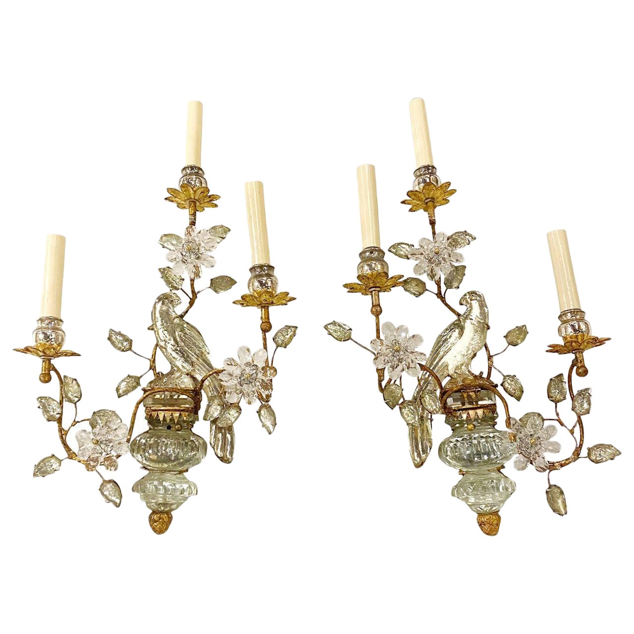 1930’s French Bagues Crystal Birds Sconces 3 Lights