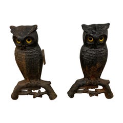 Antique Cast Iron Owl Fireplace Andirons