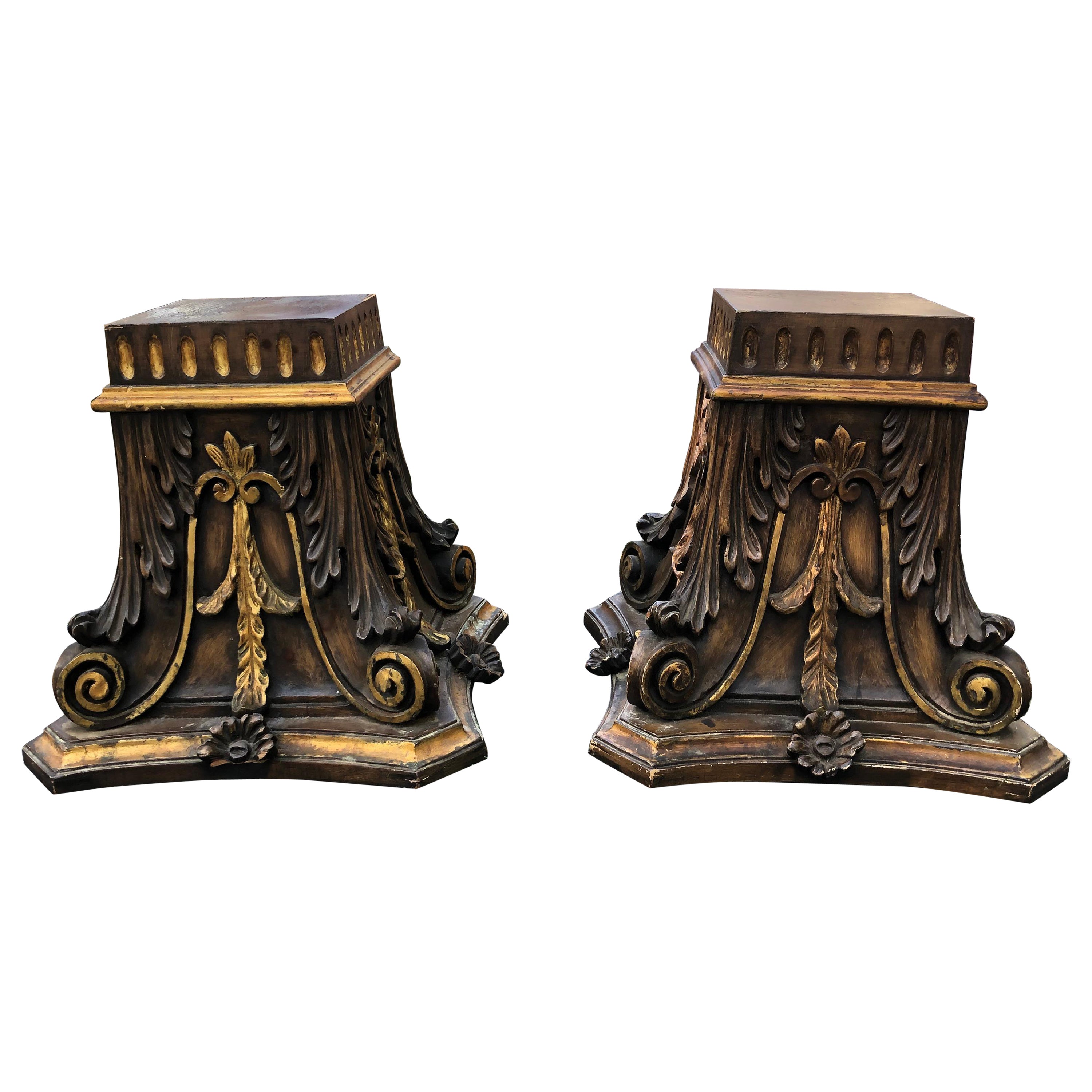 Pair of Ornately Carved Gilded Wood Neoclassical Pedestal End Tables