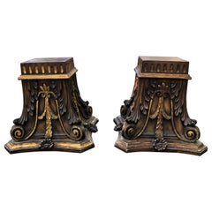 Retro Pair of Ornately Carved Gilded Wood Neoclassical Pedestal End Tables