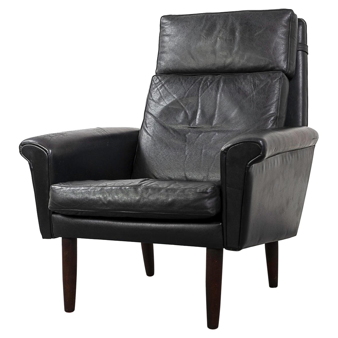 Teak & Leder Dänischer Lounge Stuhl mit hoher Rückenlehne