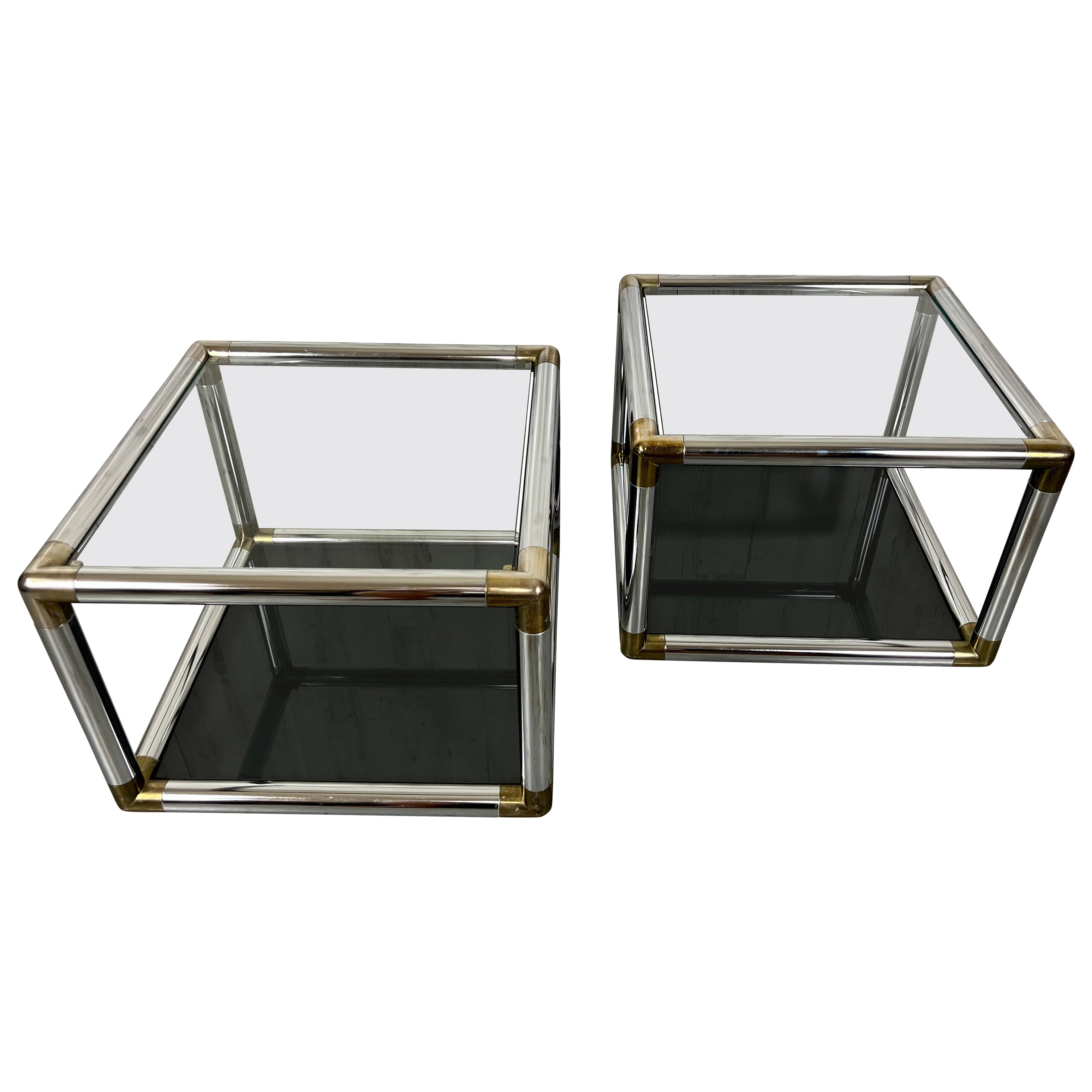 Vintage Chrome and Brass Cube End Tables  For Sale