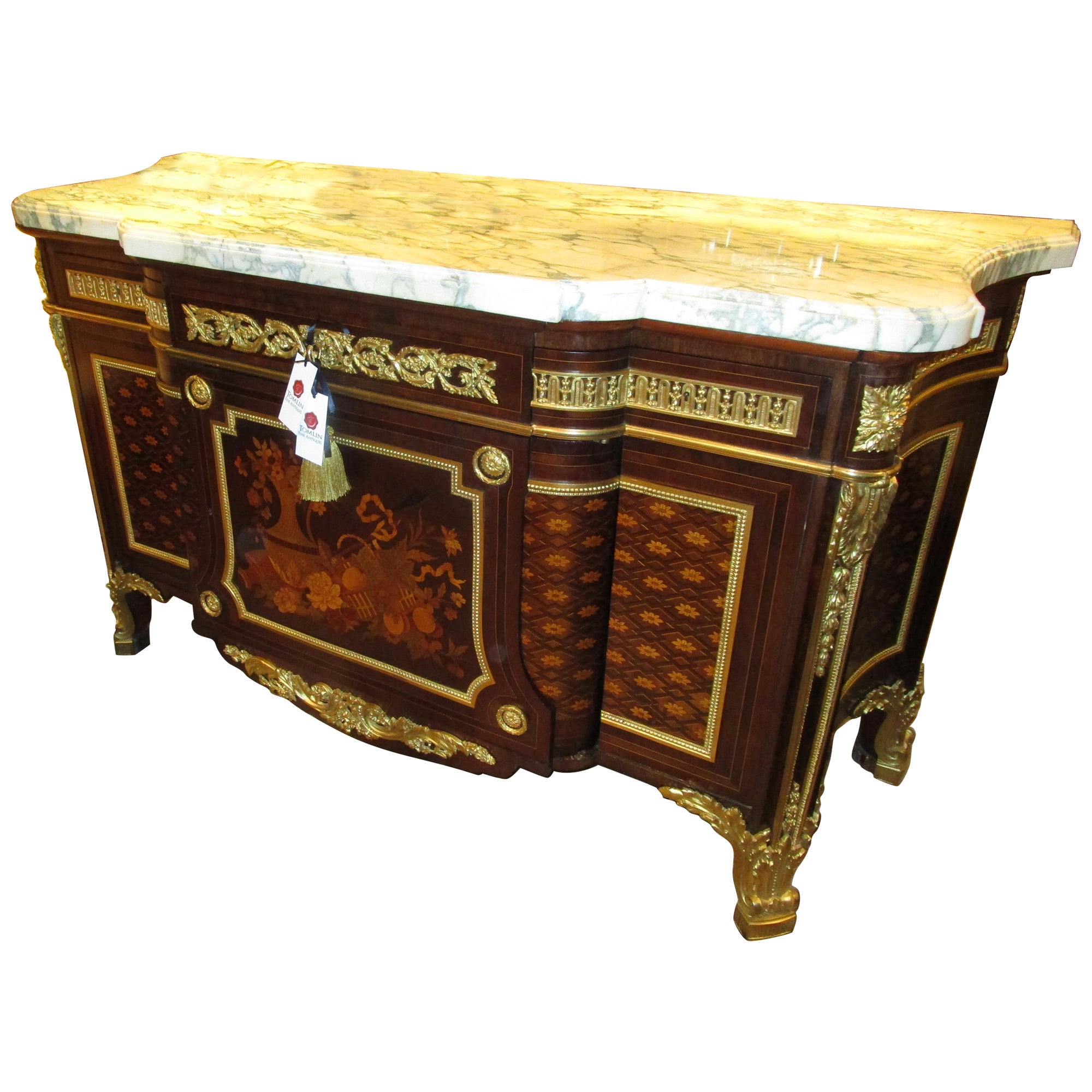 A fine 19th c French parquetry and gilt bronze marble top commode by  Schmidt For Sale