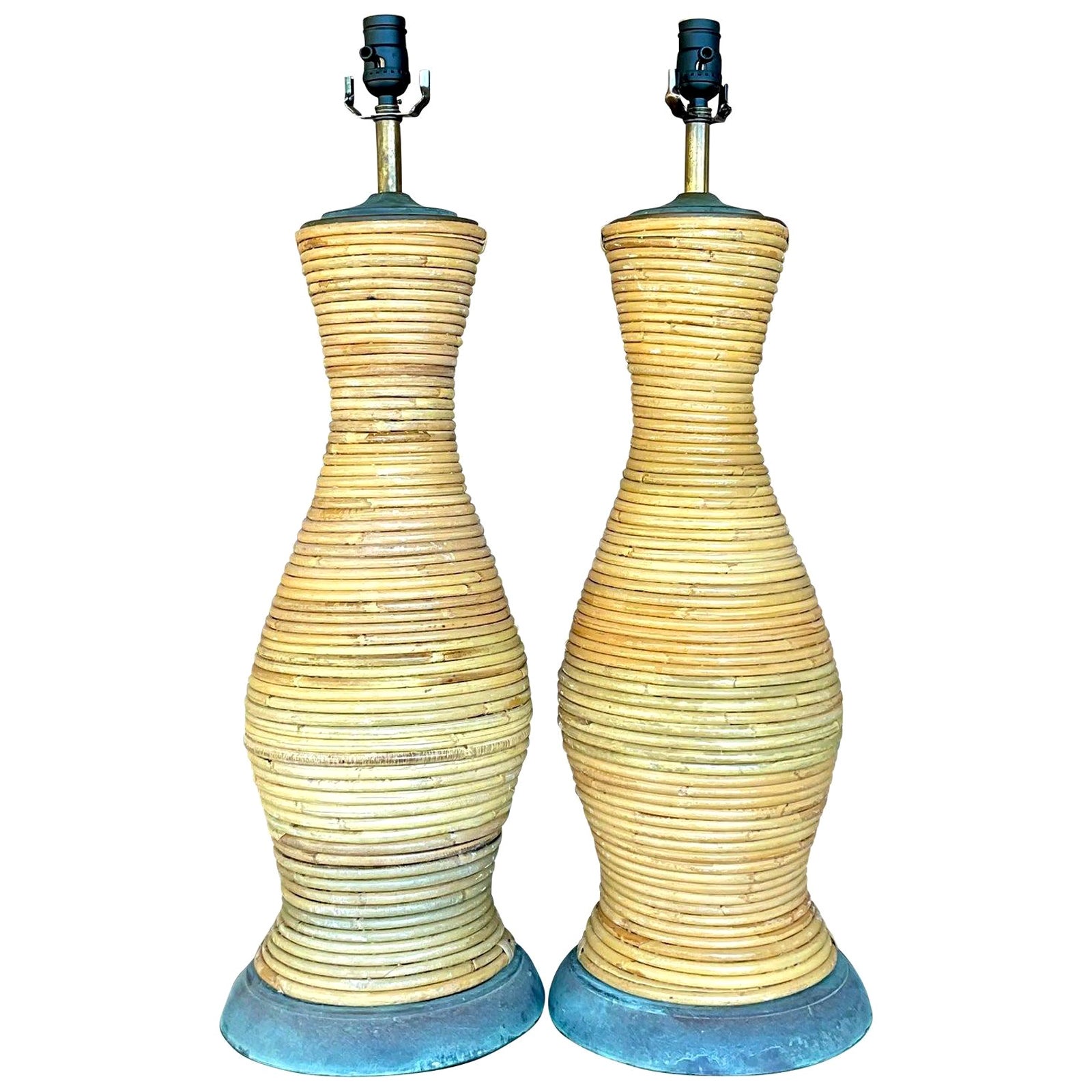 Vintage Coastal Pencil Reed Lamps With Patinated Bronze Hardware - a Pair