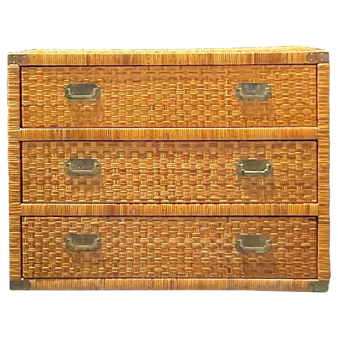 Late 20th Century Vintage Coastal Woven Rattan Campaign Chest of Drawers