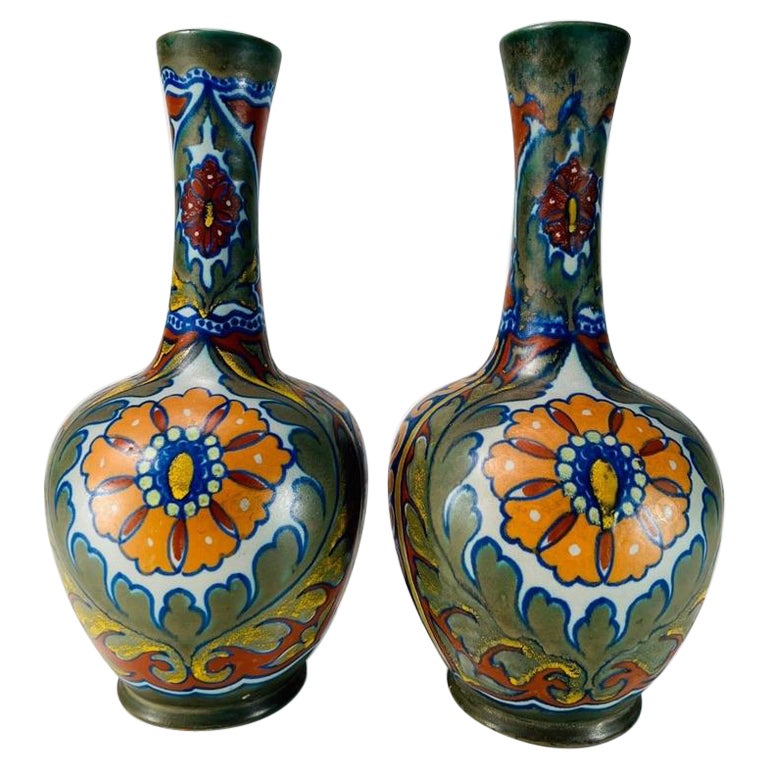 GOUDA pair of vases in dutch porcelain multicolor Art Nouveau circa 1900 For Sale
