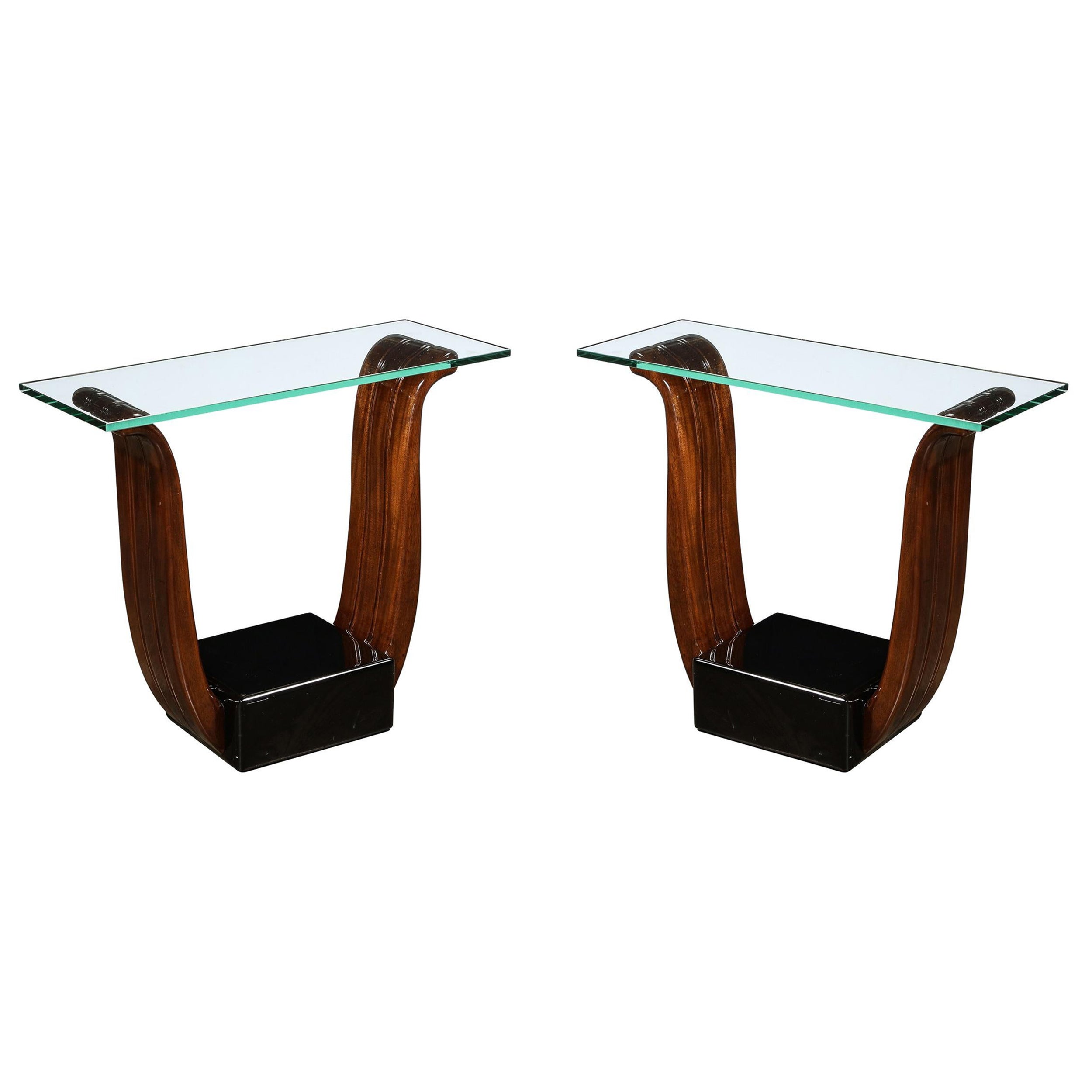 Art Deco BookMatched Walnut and Black Lacquered Base Tulip Form Glass