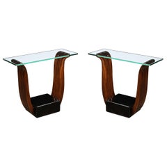 Art Deco Book-Matched Walnut & Black Lacquered Base Tulip Form Glass Side Tables
