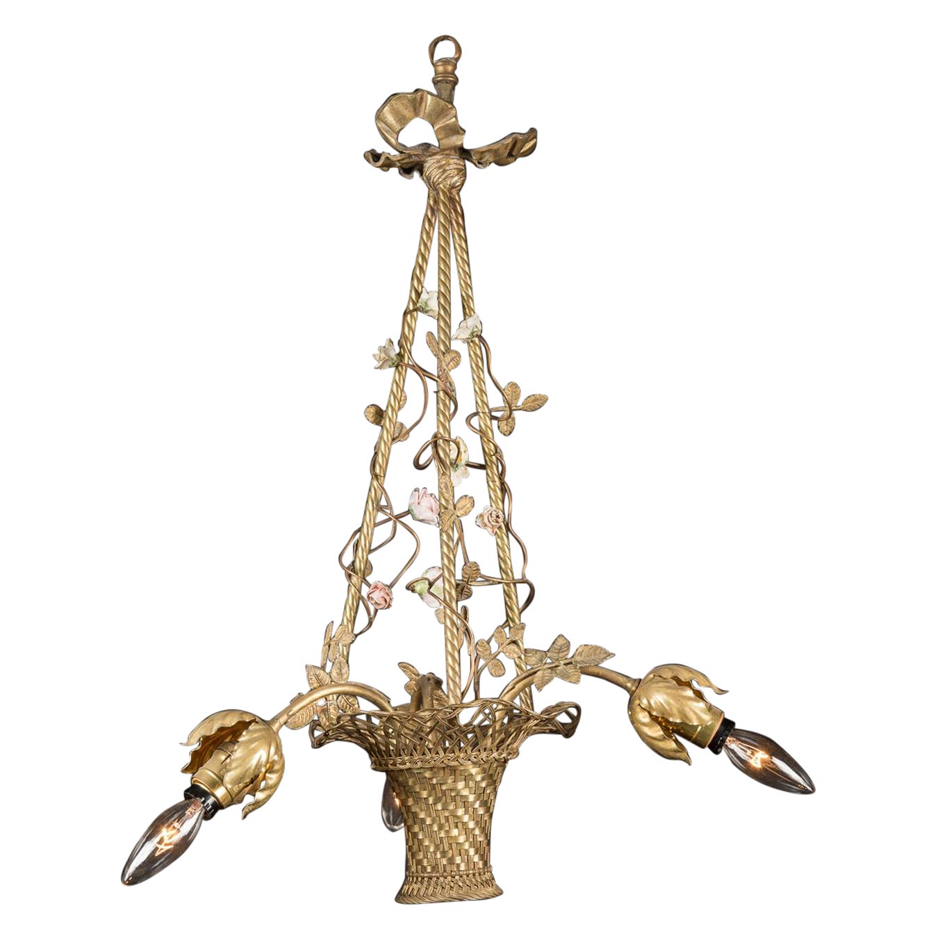 French Antique Basket Chandelier, Belle Epoque, Late 19th Century For Sale
