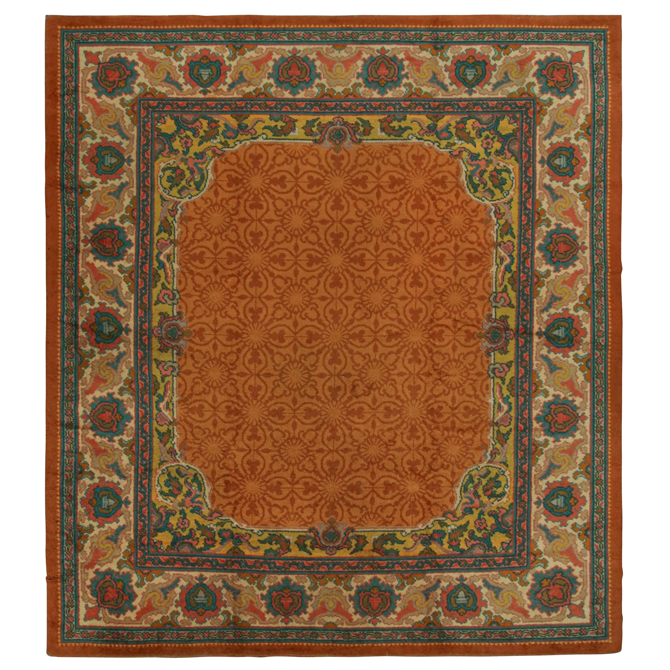 Antique Donegal Arts & Crafts Rug in Orange with Floral Pattern For Sale