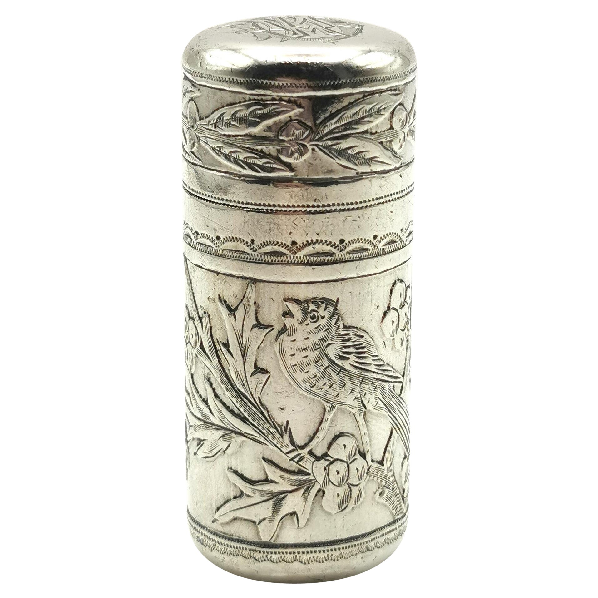 Antike viktorianische Silberflasche mit Duft, Sampson und Mordan, Vögel und Holly 