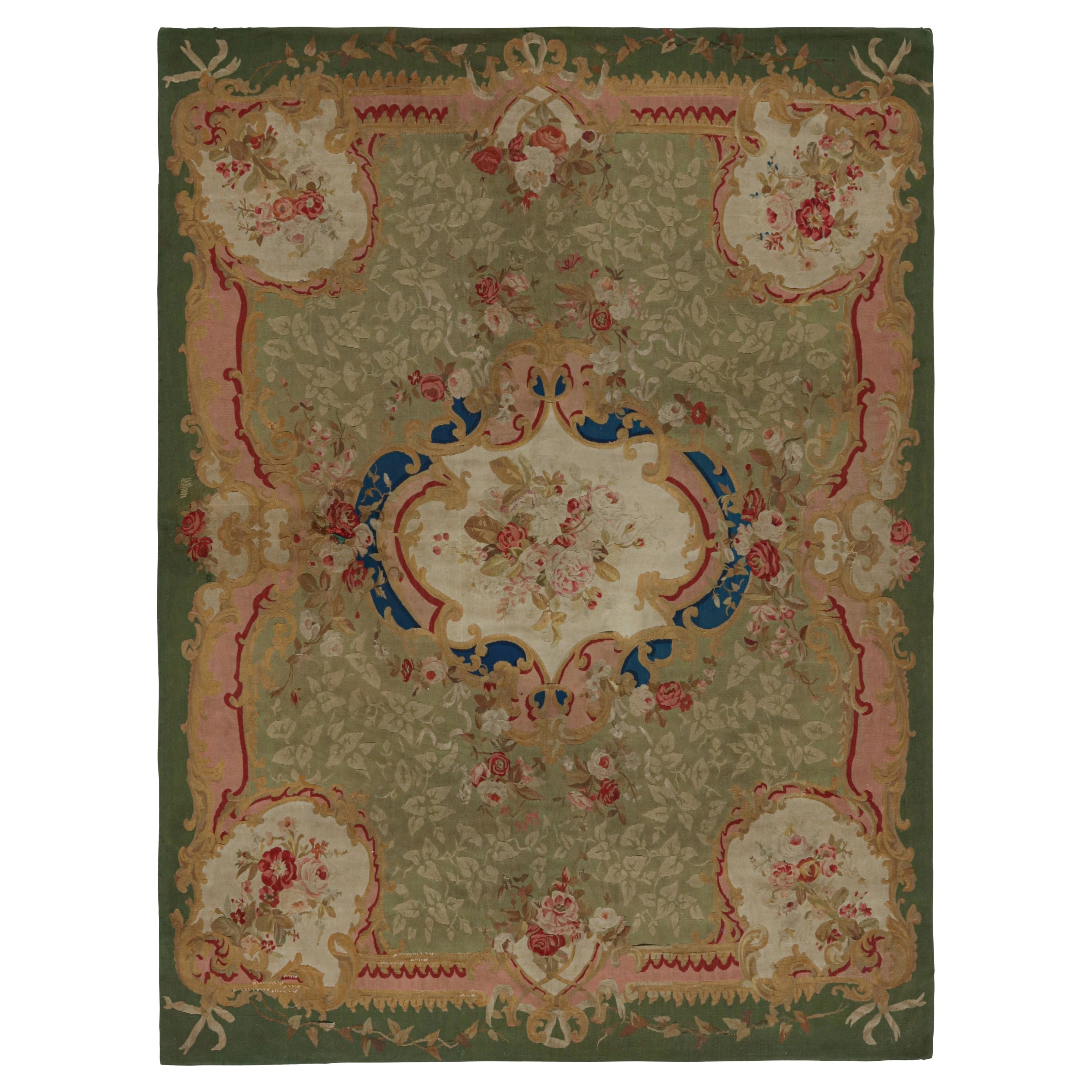 Antique Aubusson Flatweave in Green and Pink with Florals, from Rug & Kilim For Sale