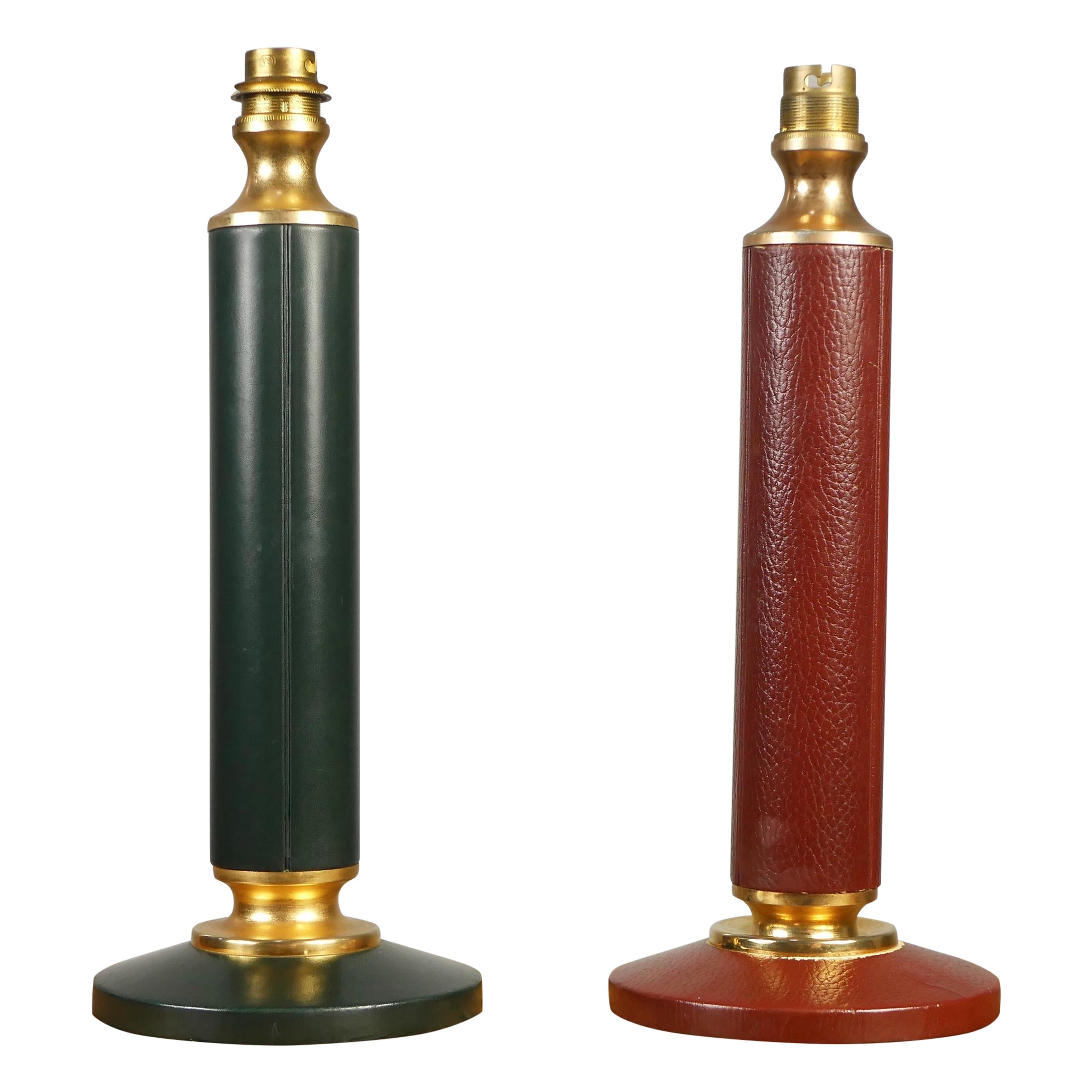 Pair of leather lamp bases in the style of Jacques Adnet, France, 1940-1950 For Sale