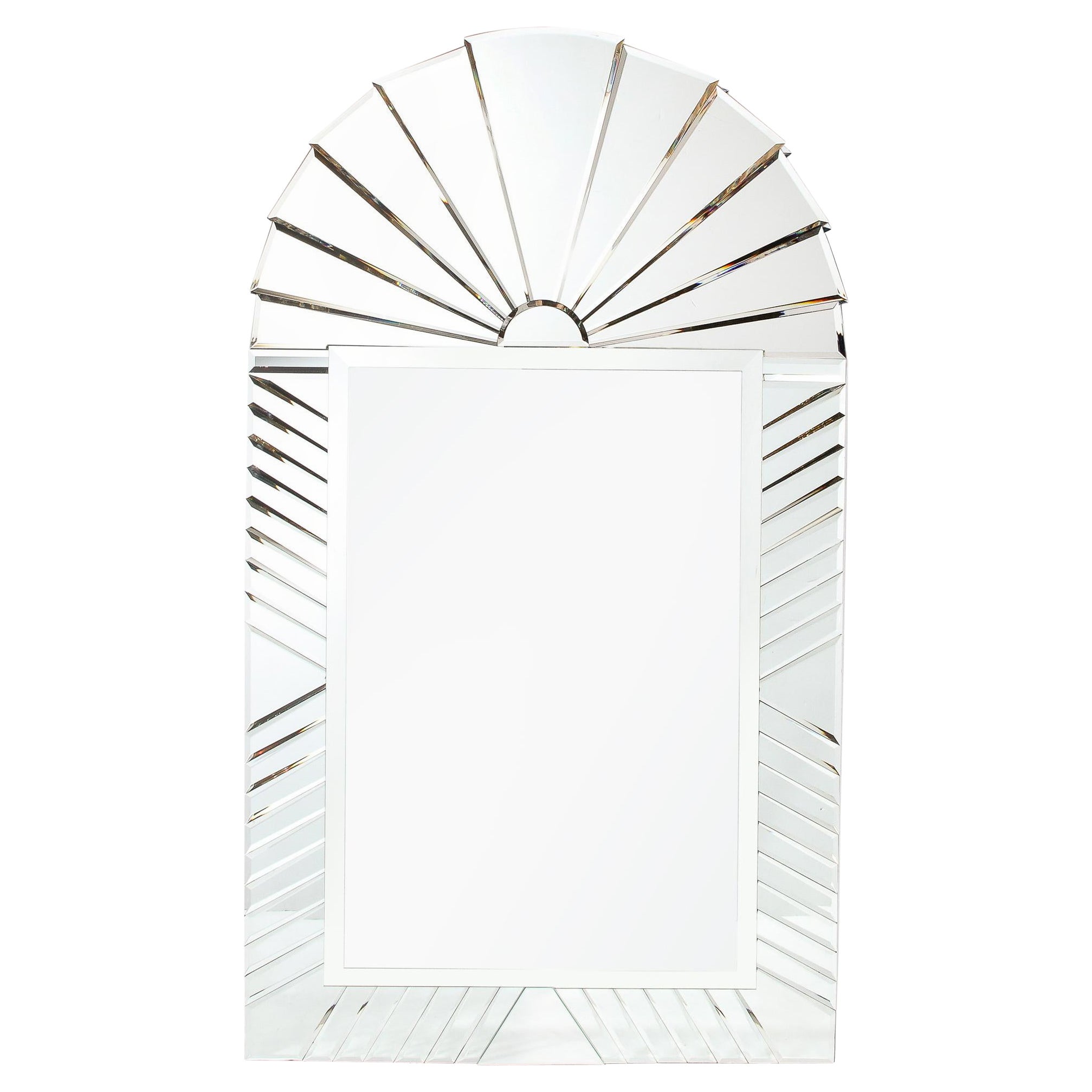 Mid-Century Modernist Arch Form Beveled & Directionally Tessellate Panel Mirror For Sale